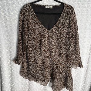 Ruffles fall to the left of the Hi/Low hem